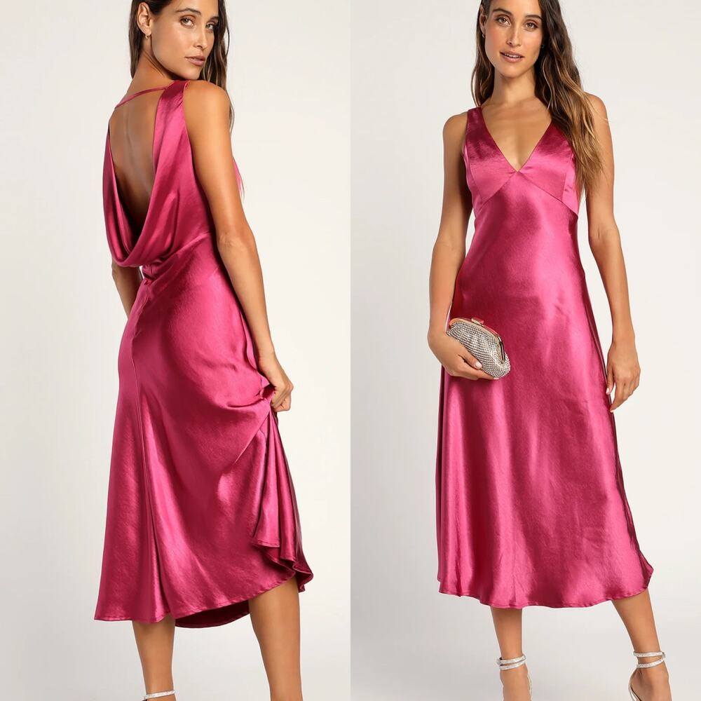 Lulus Incredible Love Magenta Satin Cowl Back Midi Slip Dress